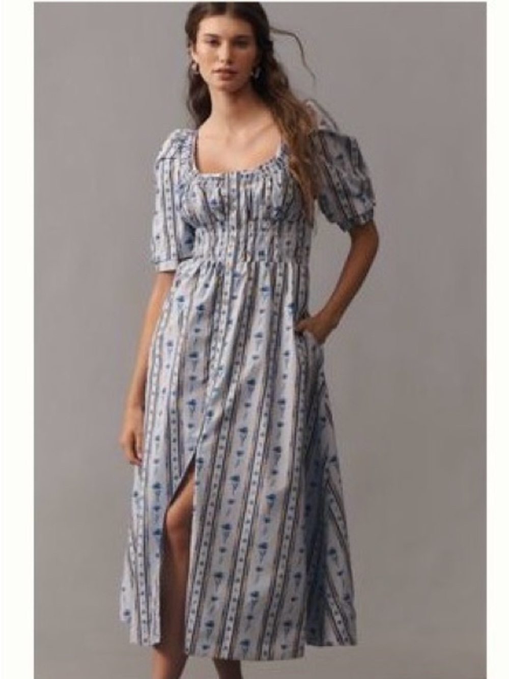 NWOT Anthropologie Maeve Blue Floral Stripe Flattering Luxe Fabric Dress